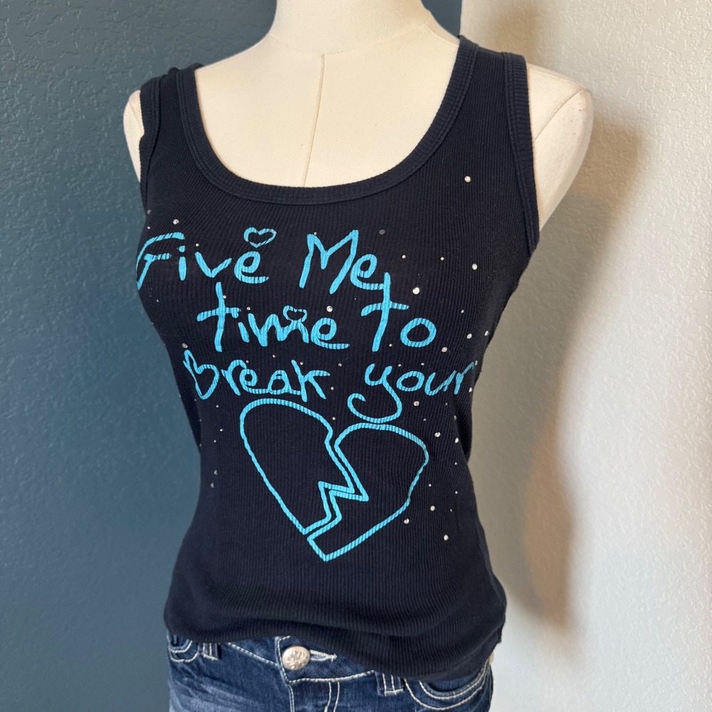 Y2K Bratty Baby Tank CTY&CO Ribbed Graphic Rhinestone Small Black Blue